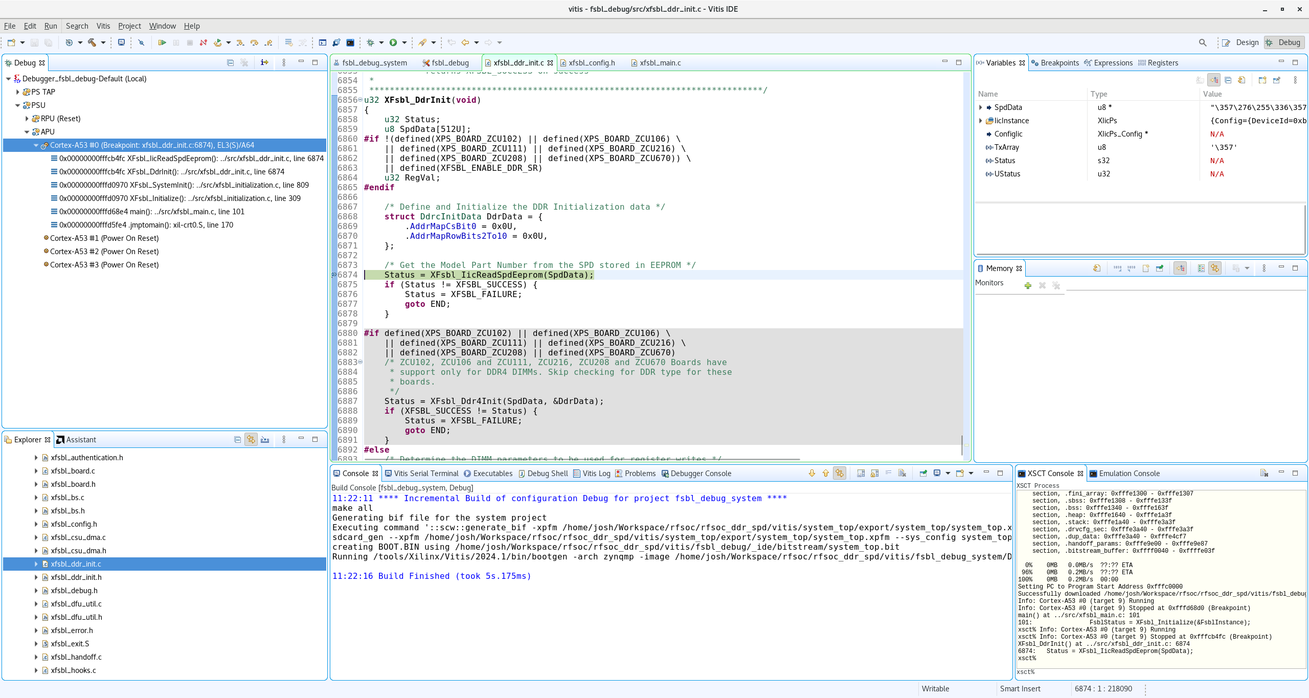 图 8. XFsbl_IicReadSpdEeprom() 函数断点